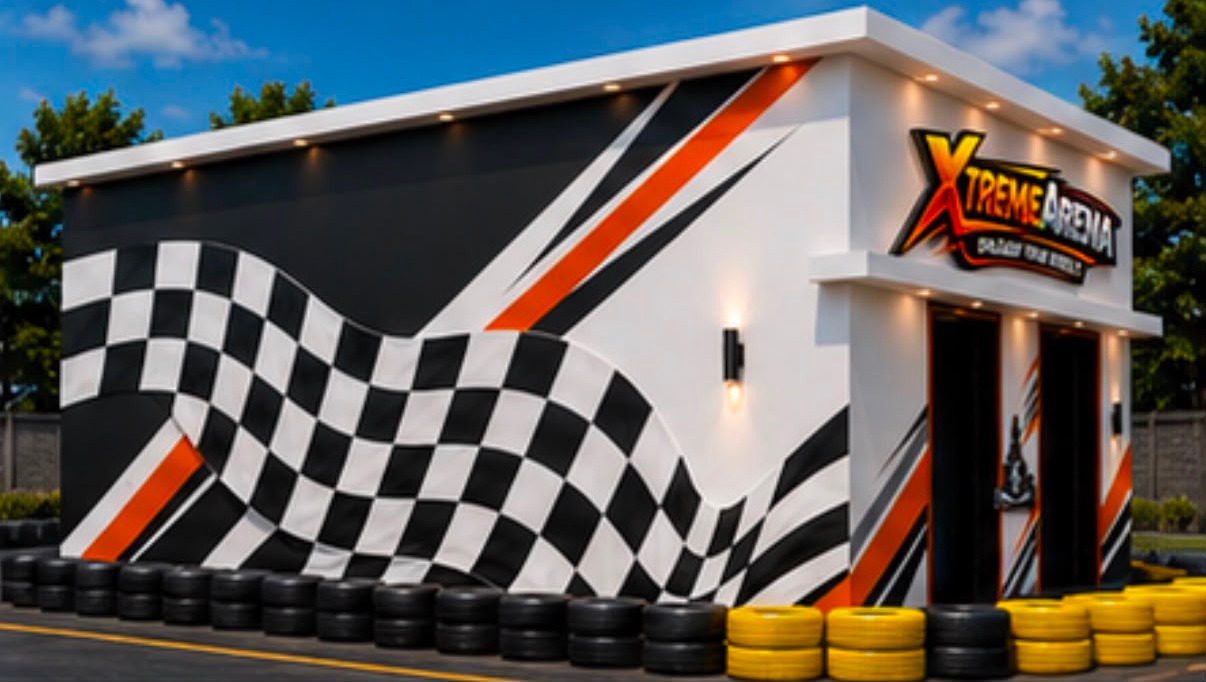 The left side of the building, wrapped in a chequered flag mural